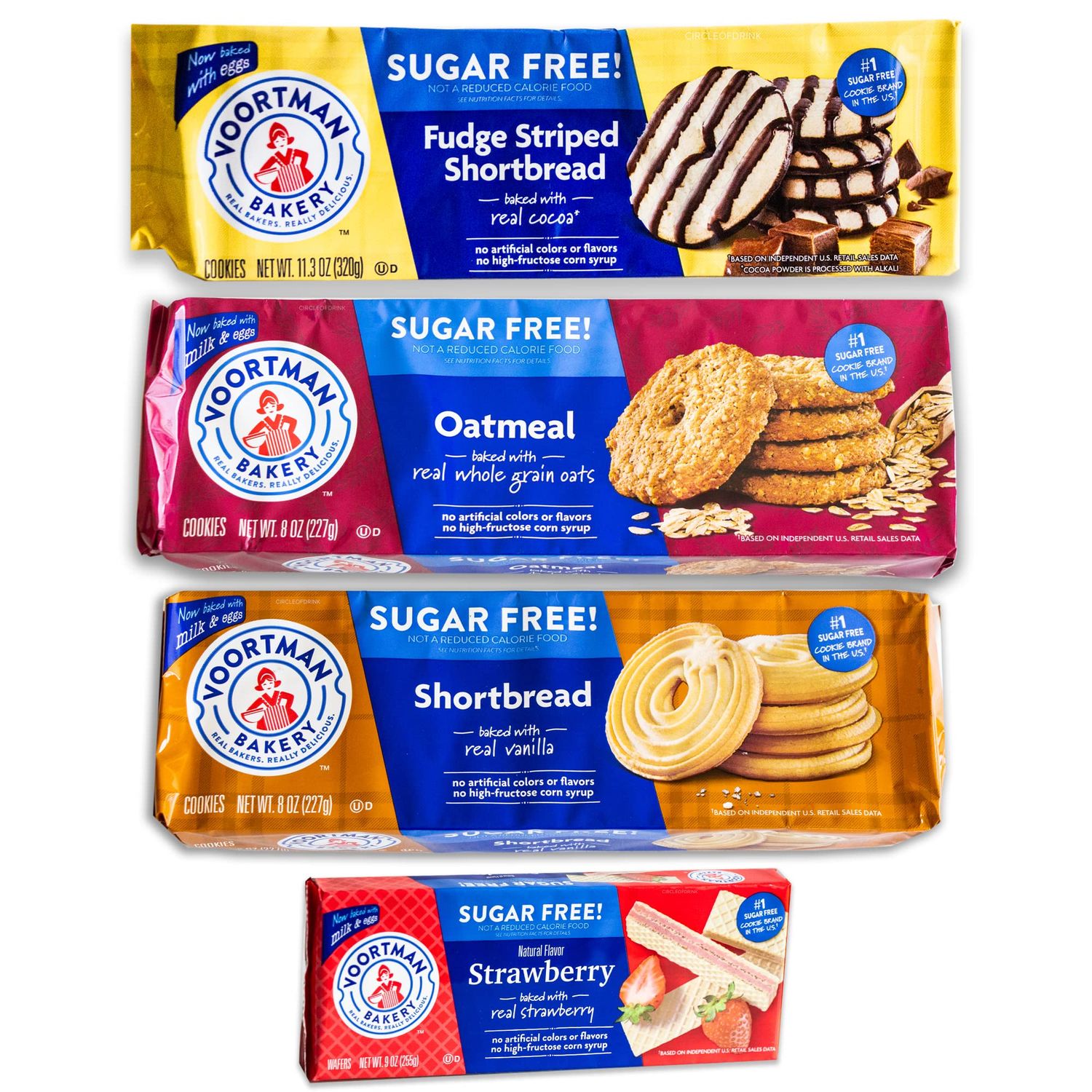 Voortman Sugar Free Cookies - Variety Pack - Oatmeal - Fudge Striped Shortbread - Shortbread - Strawberry - 4 Items Total