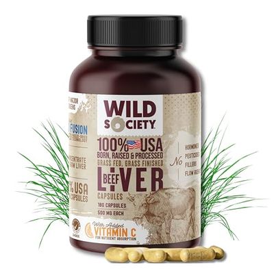 WILD SOCIETY - USA Grass Fed Beef Liver Capsules - 3000mg Max Strength for Energy, Stamina, Natural Detox, Hair &amp; Nail - Non GMO, Allergen Free, Beef Liver Supplement - 180 Desiccated Capsules
