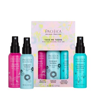 Pacifica Hair &amp; Body Mist Take Me There Travel Size, Gift Set, Fragrance, Perfume Body Spray, Island Vanilla, Dream Moon, Silver Moon Set of 3 Clean Vegan &amp; Cruelty-Free Dermatologist Tested