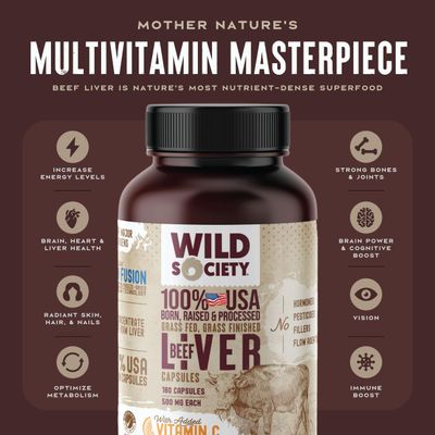 WILD SOCIETY - USA Grass Fed Beef Liver Capsules - 3000mg Max Strength for Energy, Stamina, Natural Detox, Hair & Nail - Non GMO, Allergen Free, Beef Liver Supplement - 180 Desiccated Capsules