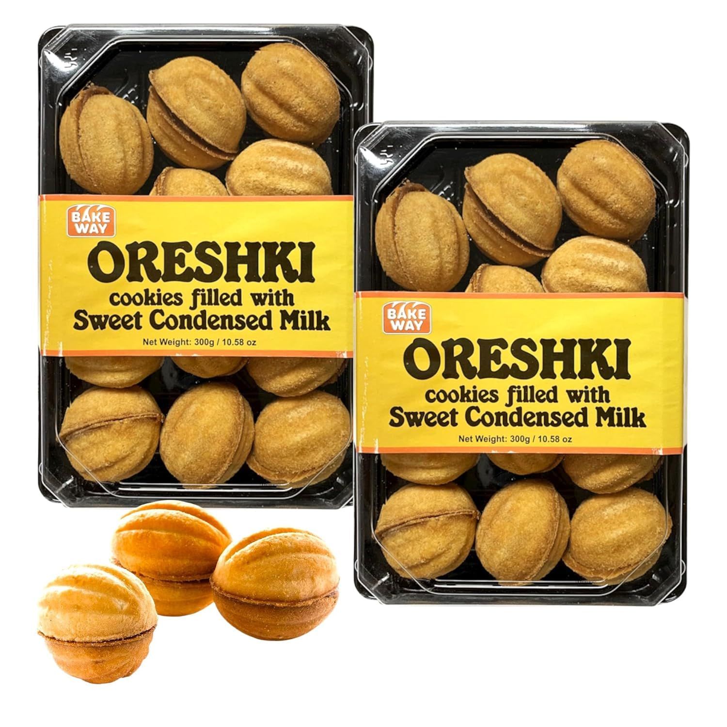 ORESHKI-Bakeway Gourmet Cookies with Condensed Milk Filling - Traditional Cookies with Rich &amp; Velvety Condensed Milk Center - Golden Shell Buttery Cookie Ideal for Snack or Gift - 2 Pack