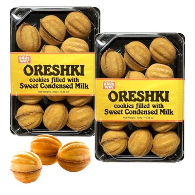 ORESHKI-Bakeway Gourmet Cookies with Condensed Milk Filling - Traditional Cookies with Rich &amp; Velvety Condensed Milk Center - Golden Shell Buttery Cookie Ideal for Snack or Gift - 2 Pack