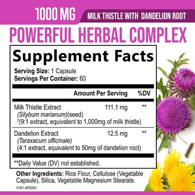 Milk Thistle Extract - Liver Cleanse Detox &amp; Repair Formula with Dandelion Extract 1000mg - Herbal Liver Supplement - Nature's Milk Thistle wSilymarin Marianum, Supports Liver Health - 60 Capsules