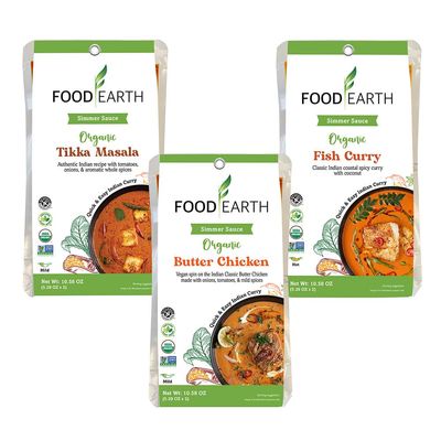 &#39;Food Earth Indian Simmer Sauces - Variety Pack of 6 Fish Curry, Butter Chicken, Tikka Masala Organic, Vegan, Gluten-Free, Ready-to-Cook Pouches 6 x 5.29 oz