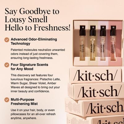 Kitsch Hair Perfume For Women Discovery Set - Pistachio Latte, Warm Sugar, Sheer Violet &amp; Amber Waves - Patented Odor-Eliminating Technology, Body Mist - Freshen Hair, Body &amp; Pillows - 4x1.5mL