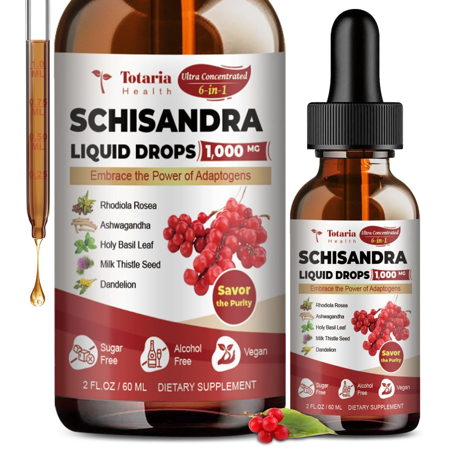 Totaria Schisandra Supplement 6-in-1 Schisandra Berry Drops with Rhodiola Rosea, Ashwagandha, Holy Basil, Milk Thistle, Dandelion Root Adaptogen for Mood Stress Liver Health 2Fl.Oz