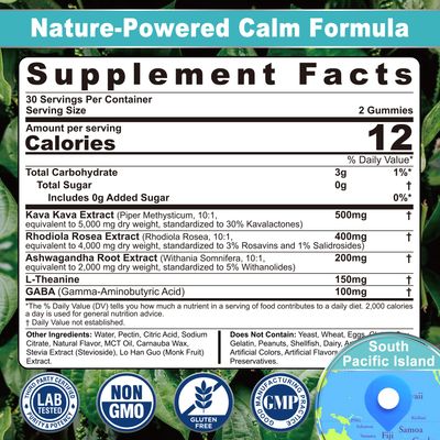 Kava Kava Gummies, Sugar Free Calm Gummies wRhodiola Rosea, Ashwagandha, L-Theanine, GABA, Melatonin-Free Kava Blend for Relaxation, Calm and Focus - Alternative to Kava Powder Capsules, Vegan 120 Ct