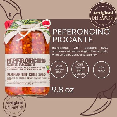 ARTIGIANI DEI SAPORI - Crushed Calabrian Chili Peppers In Oil Glass, 9.8 oz, Italian Hot Chili Sauce, Peperoncini Piccanti Spread