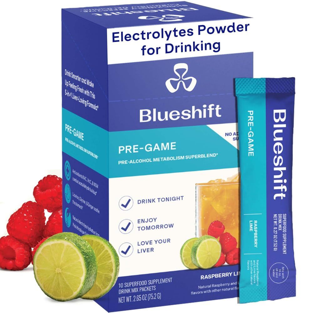 Blueshift Pre-Game - Pre Drinking NAC Supplement, Electrolytes Powder Packets, Hydration Packets, Liver Support with Ginger, Cysteine, Milk Thistle, No Sugar Powder Sticks 10 Pack