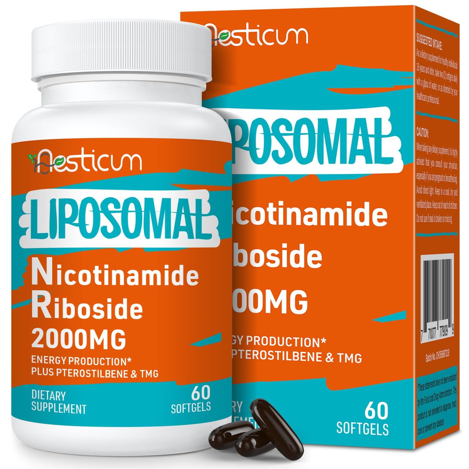 2000 MG Liposomal Nicotinamide Riboside Supplement with TMG &amp; Pterostilbene, High Bioavailability NAD Boosting Supplement, Superior to Niacinamide for Energy, Immunity, Age Resistance, 60 Softgels
