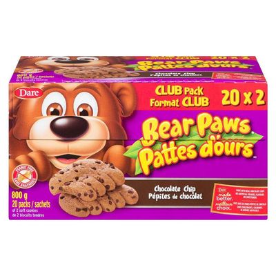 Dare Bear Paws Chocolate Chip Soft Cookies 800g28.2 oz., Club Pack - Peanut Free Imported from Canada