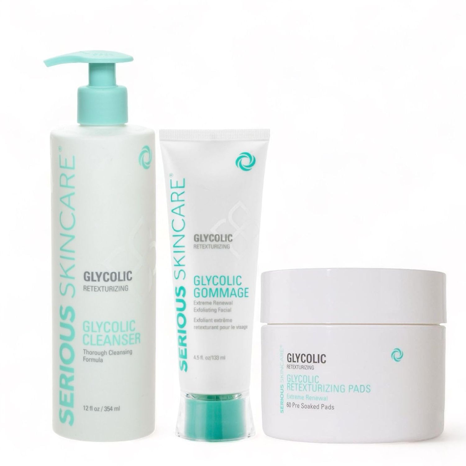 Serious Skincare - Glycolic Radiant Skin Set - Improve Appearance of Lines, Wrinkles and Enlarged Pores - Face Wash Cleanser, Gommage Exfoliating Clay Mask &amp; Retexturizing Treatment Pads 3piece