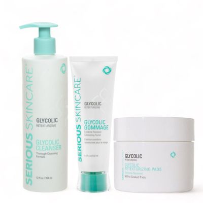 Serious Skincare - Glycolic Radiant Skin Set - Improve Appearance of Lines, Wrinkles and Enlarged Pores - Face Wash Cleanser, Gommage Exfoliating Clay Mask &amp; Retexturizing Treatment Pads 3piece