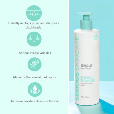 Serious Skincare - Glycolic Radiant Skin Set - Improve Appearance of Lines, Wrinkles and Enlarged Pores - Face Wash Cleanser, Gommage Exfoliating Clay Mask &amp; Retexturizing Treatment Pads 3piece
