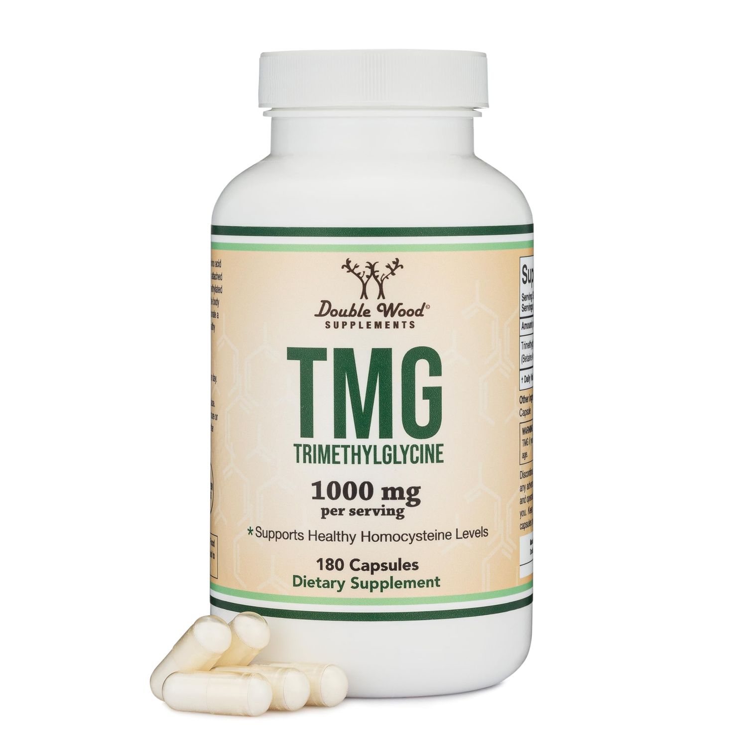 Double Wood Supplements TMG Trimethylglycine Supplement 1,000mg Per Serving, 180 Capsules TMG Supplements for Homocysteine Control Genuine TMG with Fishy Smell, Gluten Free, Non-GMO