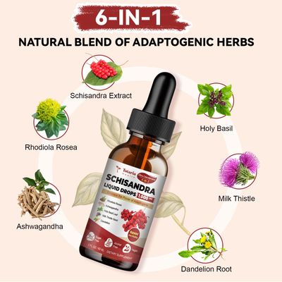 Totaria Schisandra Supplement 6-in-1 Schisandra Berry Drops with Rhodiola Rosea, Ashwagandha, Holy Basil, Milk Thistle, Dandelion Root Adaptogen for Mood Stress Liver Health 2Fl.Oz