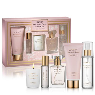 Womens Gifts, Birthday Gifts for Mom, Self Care Gifts for Women, Damask Rose Romance Spa Kit with Soy Candle, Perfume Roll On, Body Lotion, Body Mist &amp; Eau de Parfum - Bath &amp; Body Care Set