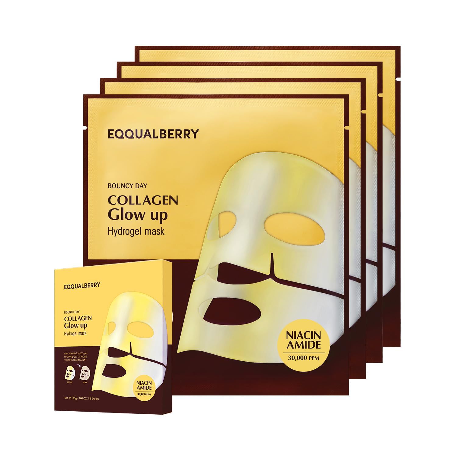 EQQUALBERRY Collagen Glow Up Mask - Niacinamide &amp; Low Molecular Collagen for Brightening and Radiance Boosting Korean Collagen Face Mask for Glass Skin, 4 Sheets, 1.01 OZ.