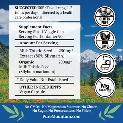 Pure Mountain Botanicals Milk Thistle Capsules - 90 Kosher Vegan Caps with Organic Milk Thistles and Potent Silymarin Extract