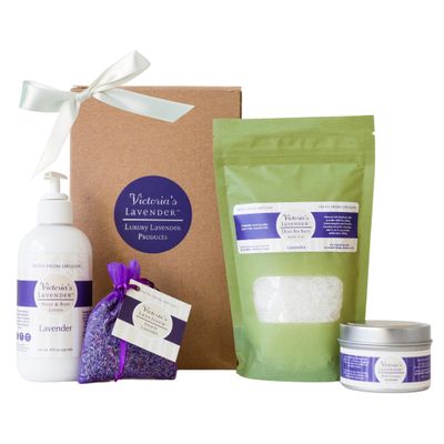 Victoria&#39;s Lavender Gift Basket for Women - Travel Massage Candle, Hand &amp; Body Lotion, Bath Salts &amp; Lavender Sachet, Skin Care, Beauty Products for Women, Body Wash Set, Spa Kit, Made in The USA