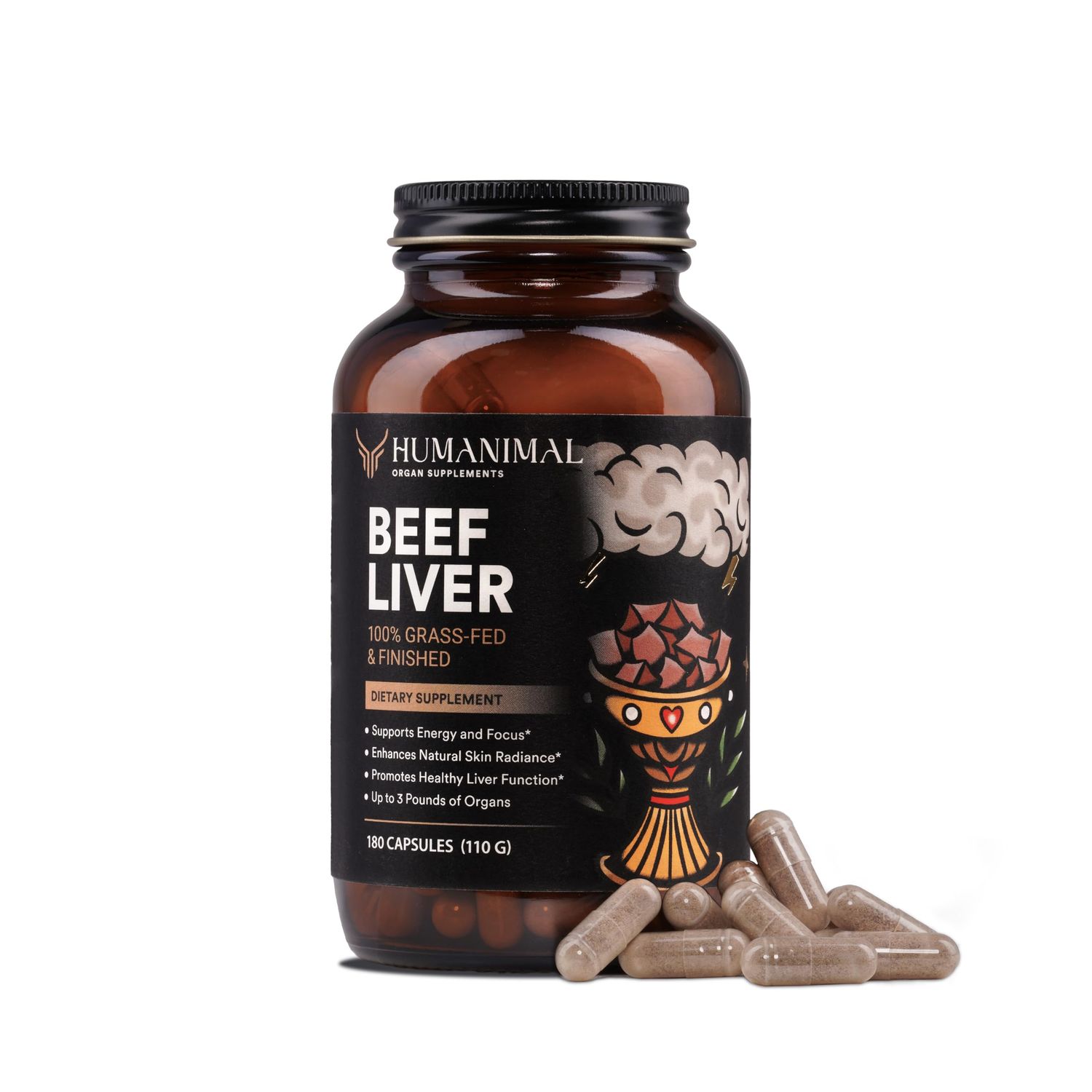 Humanimal Beef Liver Supplement Nutrient-Dense Beef Liver Capsules 100 Grass-Fed &amp; Finished, Freeze-Dried Boosts Energy Levels, Focus, Skin Health &amp; Liver Function Non-GMO, 180 Capsules