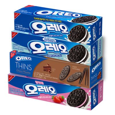 Korean Snack Cookies Sandwich Crackers - 4 Pack OREO Variety Limited Edition White Cream, Mild Sweet, Thins Choco Mousse, and Strawberry Cream Flavor Biscuits Treats for Kids Adult Senior
