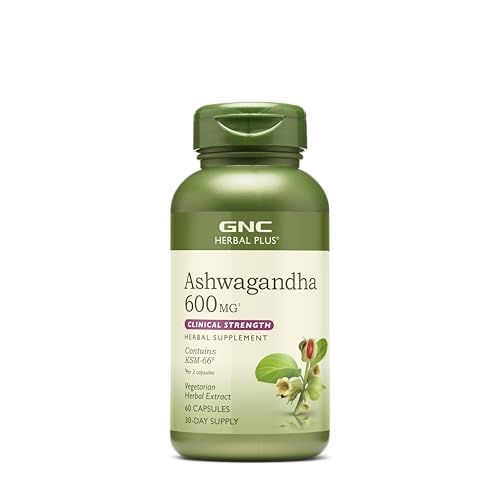 GNC Herbal Plus Ashwagandha 600mg Supplement, Clinical Strength, Vegetarian, Stress Relief Support, 30 Servings