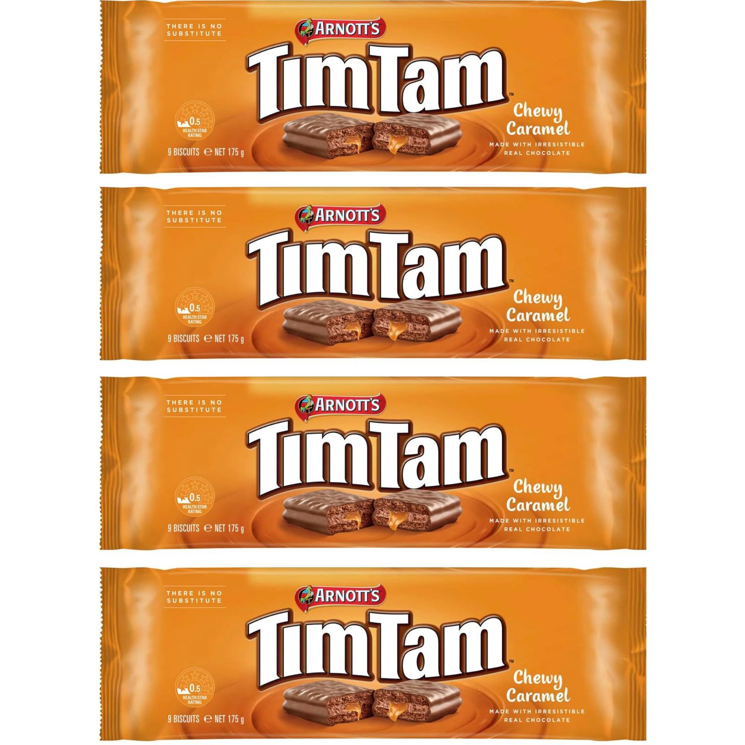 Arnotts Tim Tam Chewy Caramel Chocolate Biscuits - 4 Pack 175g Each - Made in Australia - Classic Australian Treat
