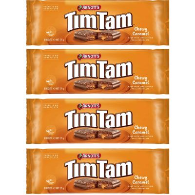 Arnotts Tim Tam Chewy Caramel Chocolate Biscuits - 4 Pack 175g Each - Made in Australia - Classic Australian Treat