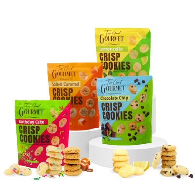 Too Good Gourmet Mini Crisp Cookies Variety Pack 4 Flavors Chocolate Chip, Salted Caramel, Limoncello, Birthday Cake 3 oz Resealable Bags Perfect for On-the-Go Snacking &amp; Quick Treats