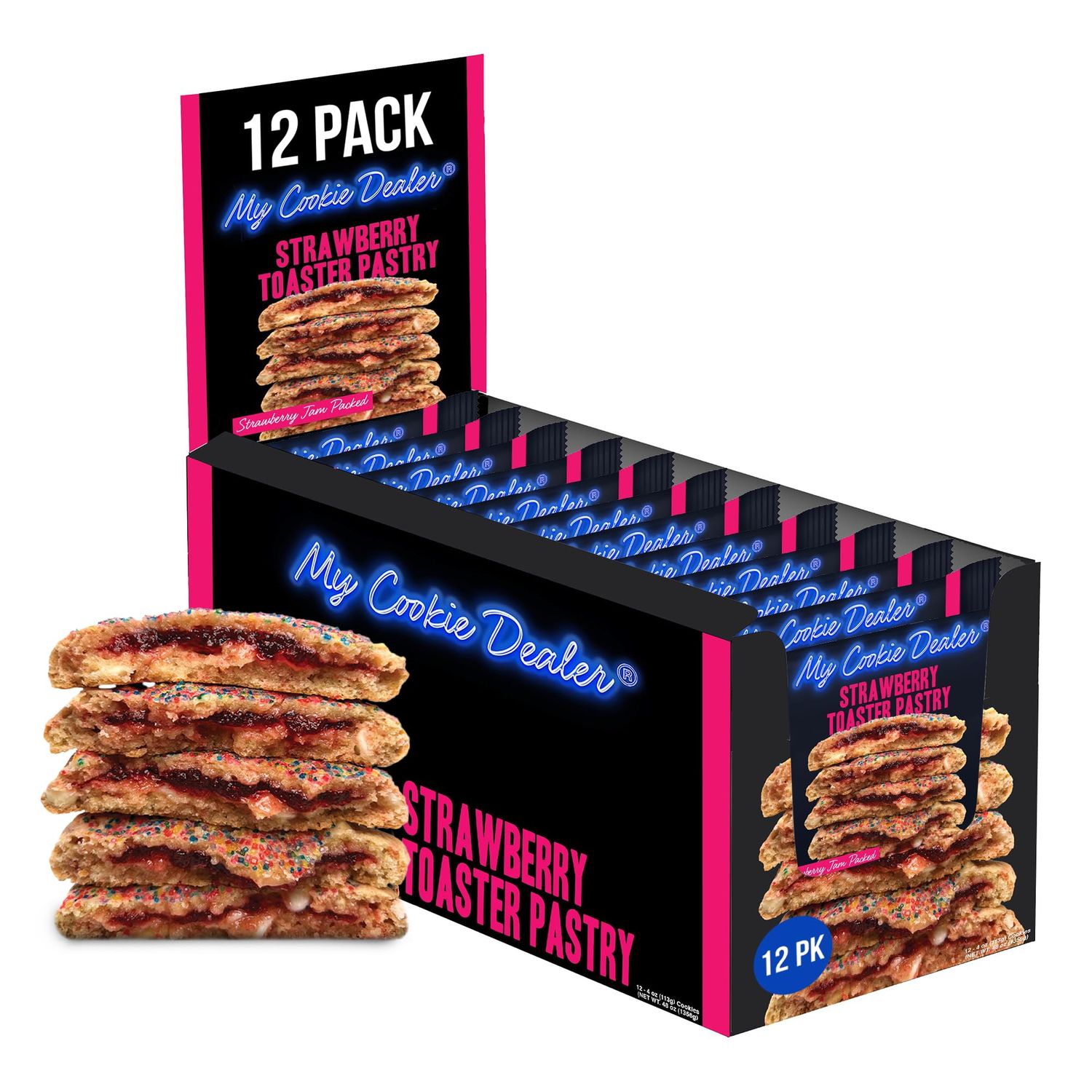 My Cookie Dealer Soft Baked Cookies, Strawberry Toaster Pastry 12-Pack, 4oz Cookie - Strawberry Pop-Tarts &amp; White Chip Batter, Filled with Strawberry Jam - Individually Wrapped Travel Snacks