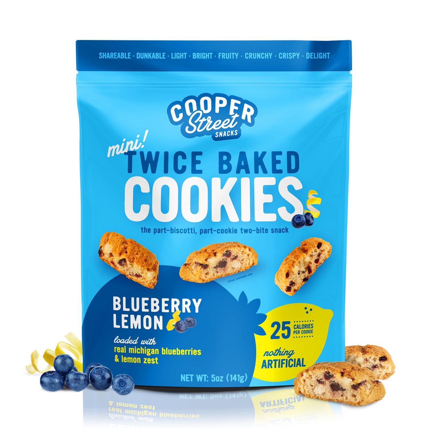 Cooper Street Twice Baked Lemon Blueberry Biscotti Cookies - Light and Crispy Coffee Cookie Bites - Traditional Low Calorie Italian Snacks for Adults &amp; Kids - Kosher, Dairy, Peanut &amp; Soy Free - 5oz
