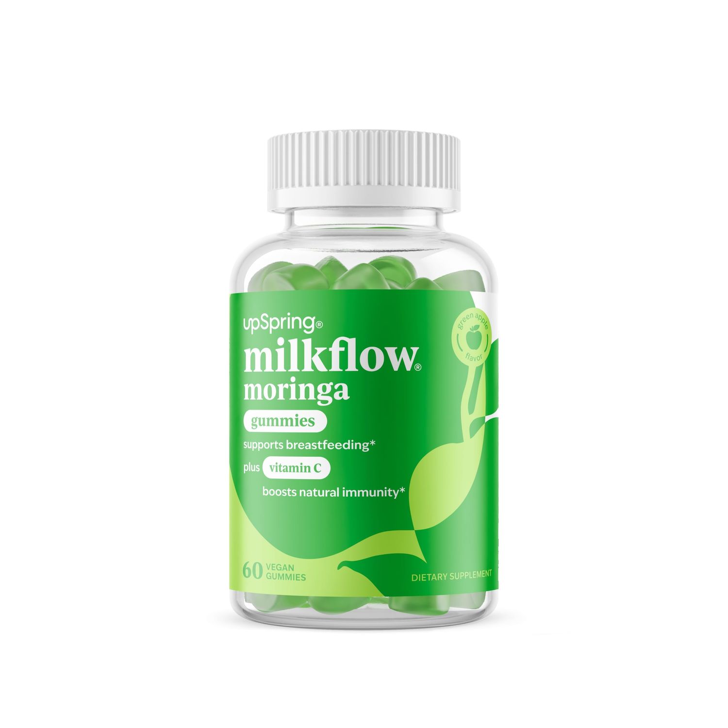 UpSpring Milkflow Moringa Gummies - Natural Breastfeeding Support for Moms - Vegan, Green Apple Flavor, with Moringa, Vitamin C &amp; Botanicals - 60 Gummies