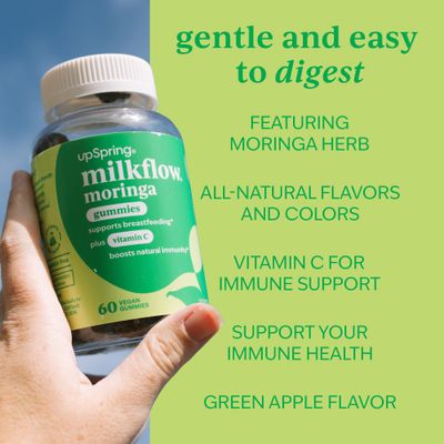 UpSpring Milkflow Moringa Gummies - Natural Breastfeeding Support for Moms - Vegan, Green Apple Flavor, with Moringa, Vitamin C & Botanicals - 60 Gummies