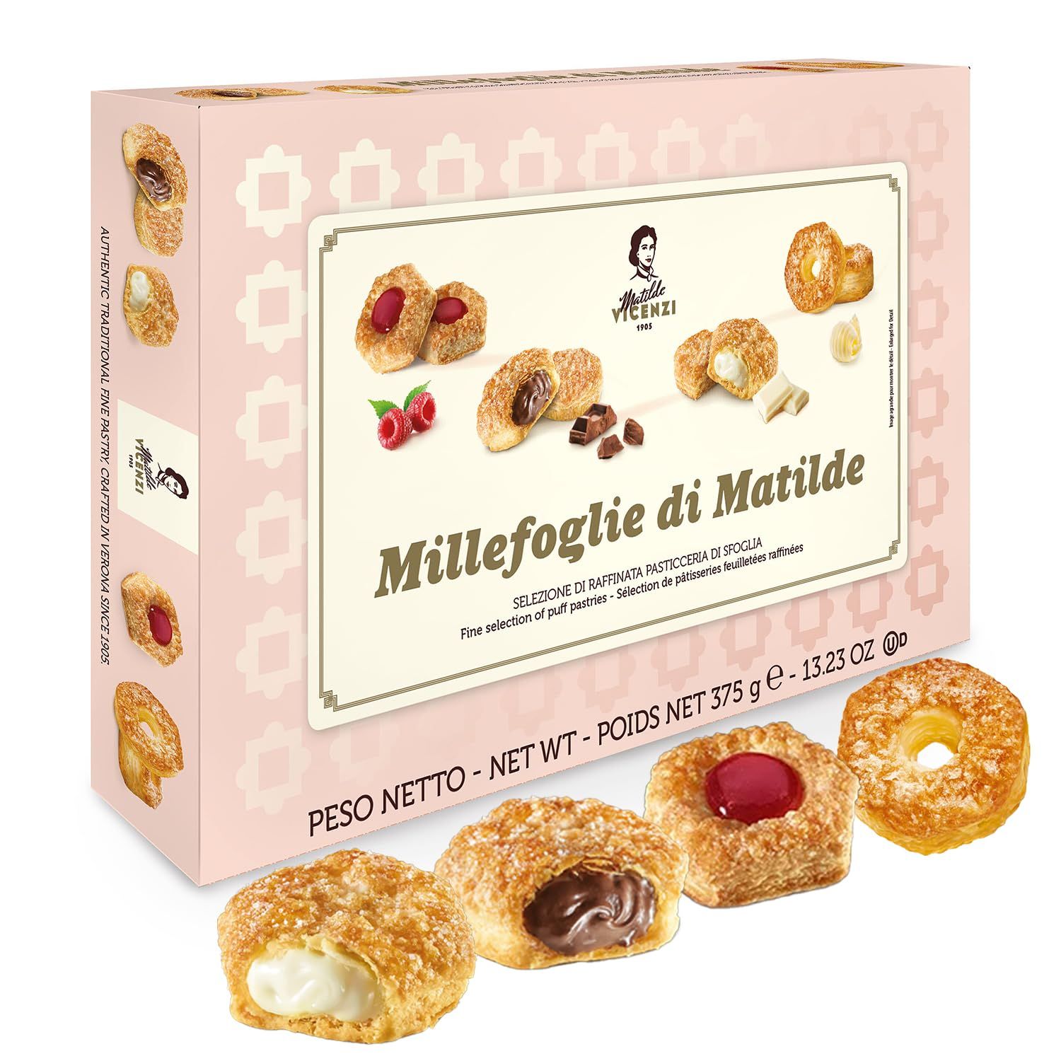Millefoglie D&#39;Italia Fine Selection of Italian Puff Pastries, Assortment of Vanilla, Chocolate, Butter &amp; Raspberry Cookies for Father&#39;s Day - 13.23 oz 375g