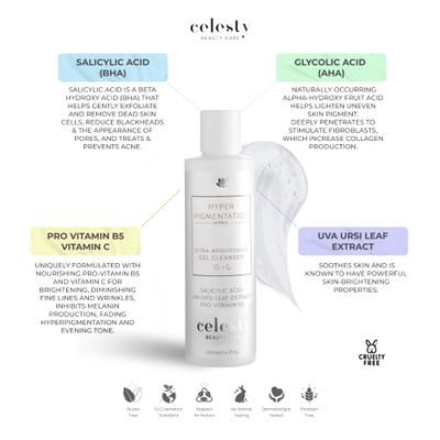 Celesty Beauty Brightening Face Wash, Facial Cleanser Gel Vitamin C, Glycolic Acid AHA, Salicylic Acid BHA Uva Ursi Leaf Extract, Pro Vitamin B5 For Sensitive Skin Large 6.7 fl.oz.