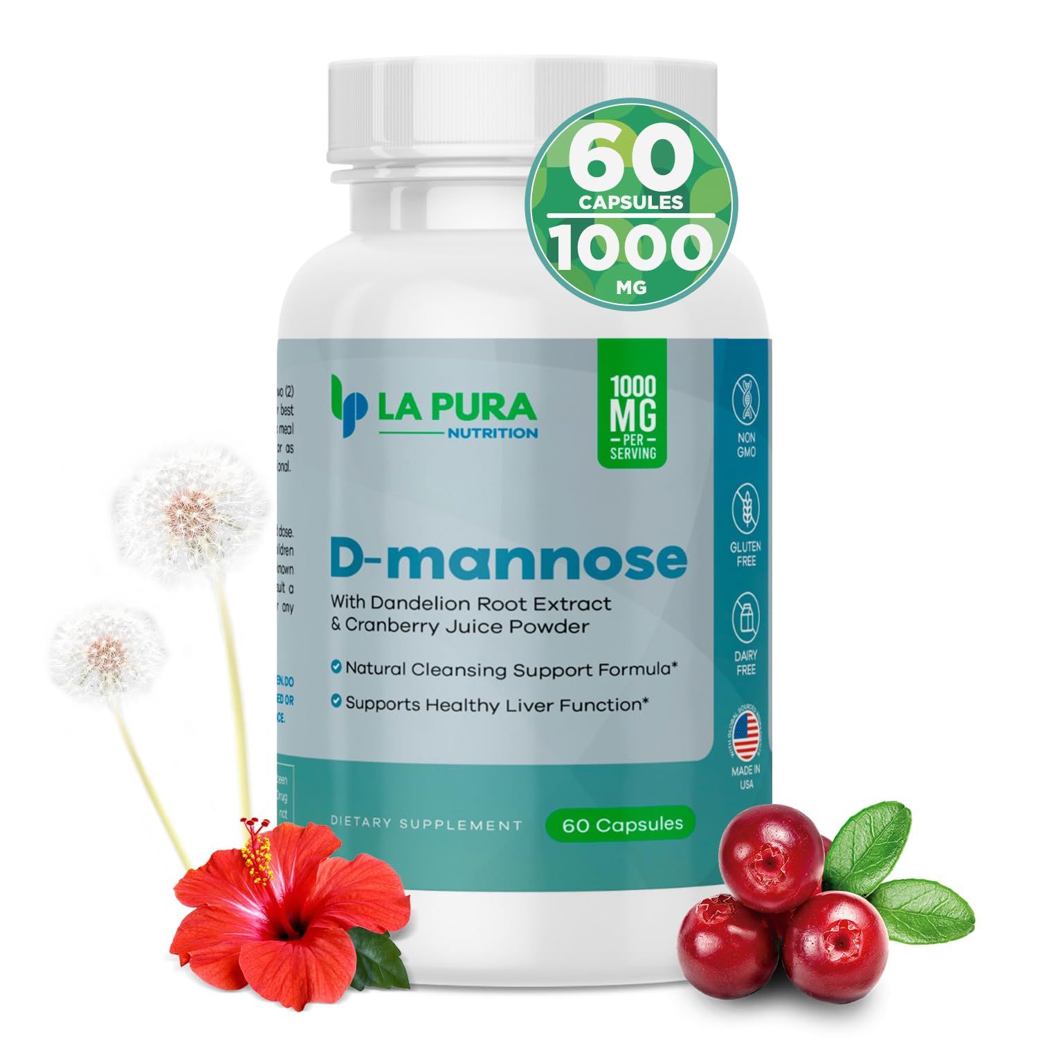 LaPura D-mannose 1000 mg Supplement with Cranberry Juice Powder, Hibiscus Flower &amp; Dandelion Herb Extract, 60 Capsules - Natural Cleansing Support, Healthy Liver, Bladder, Urinary Tract Function