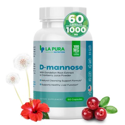 LaPura D-mannose 1000 mg Supplement with Cranberry Juice Powder, Hibiscus Flower &amp; Dandelion Herb Extract, 60 Capsules - Natural Cleansing Support, Healthy Liver, Bladder, Urinary Tract Function