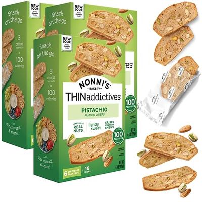 Nonni&#39;s THINaddictives Almond Thin Cookies - 3 Boxes Pistachio Almond Cookie Thins - Sweet Crunchy &amp; Chewy Almond Cookies - Biscotti Individually Wrapped Cookies - Kosher Coffee Cookies - 4.4 oz