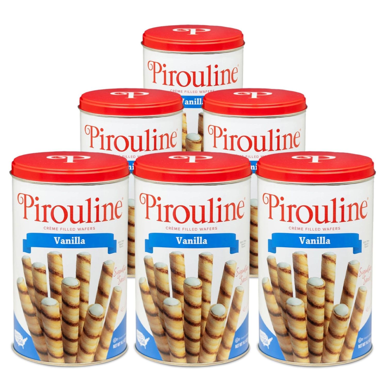Pirouline - Vanilla Rolled Wafers - Rolled Wafer Sticks, Creme Filled Wafers, Rolled Cookies for Coffee, Tea, Ice Cream, Snacks, Parties, Gifts, and More - 14.1oz Tin 6 Pack