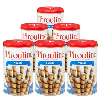 Pirouline - Vanilla Rolled Wafers - Rolled Wafer Sticks, Creme Filled Wafers, Rolled Cookies for Coffee, Tea, Ice Cream, Snacks, Parties, Gifts, and More - 14.1oz Tin 6 Pack
