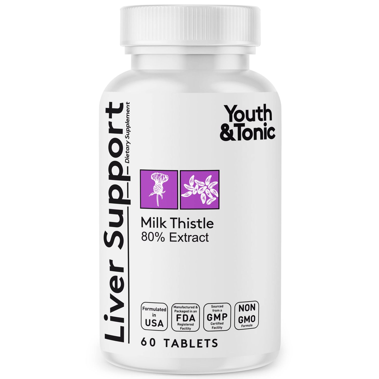 Youth &amp; Tonic Liver Detox Cleanse Supplement - Silymarin Milk Thistle Complex Formula for Body Health, Repair &amp; Support - Non-GMO Herbal Vitamins - 60 Capsules for Women &amp; Men