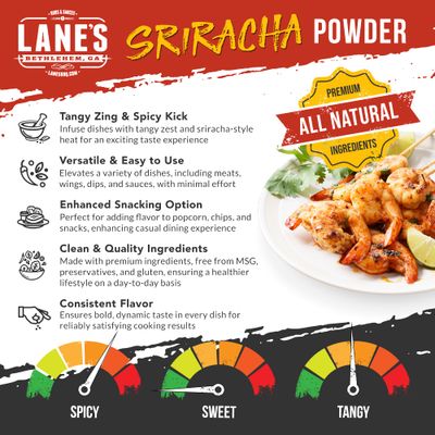 Lane's Sriracha Seasoning Powder, All-Natural Sriracha Powder Seasonings and Spices for Cooking, Goes Well with Meat &amp; Vegetables, Made in USA, 7.7 Oz