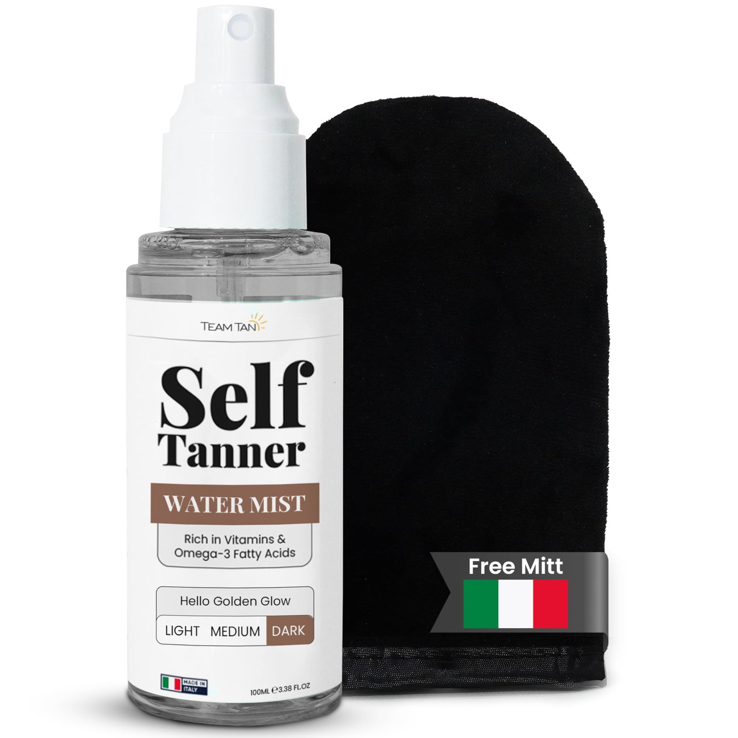 Team Tan Self Tanning Water - Vitamin Infused Self Tanner Mist for Hydrating Face and Body, Sunless Tanning Spray for Fake Tan, No Streaks, Orange Tints or Nasty Smell Dark