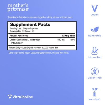 Choline Supplements 550mg Supports Babys Brain Development &amp; Cognitive Function During Pregnancy &amp; Metabolism Ultra Pure Natal VitaCholine, Prenatal Choline Bitartrate 120 Vegan Capsules