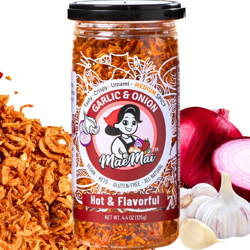 MaeMai Chili Crisp MEDIUM HOT Spice - Non-Oily Chili Crisp Topper, Rice Seasoning, Ramen Topper, Furikake, Umami Onion &amp; Garlic Flakes 4.41oz 125g Resealable Bottle