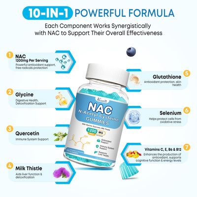 Vazatisi NAC Gummies, NAC Supplement with Milk Thistle, Selenium, B6, B12 - Antioxidant, Immune Support - N Acetyl Cysteine 600 mg per Gummy - Blueberry Flavored, 60 Cts