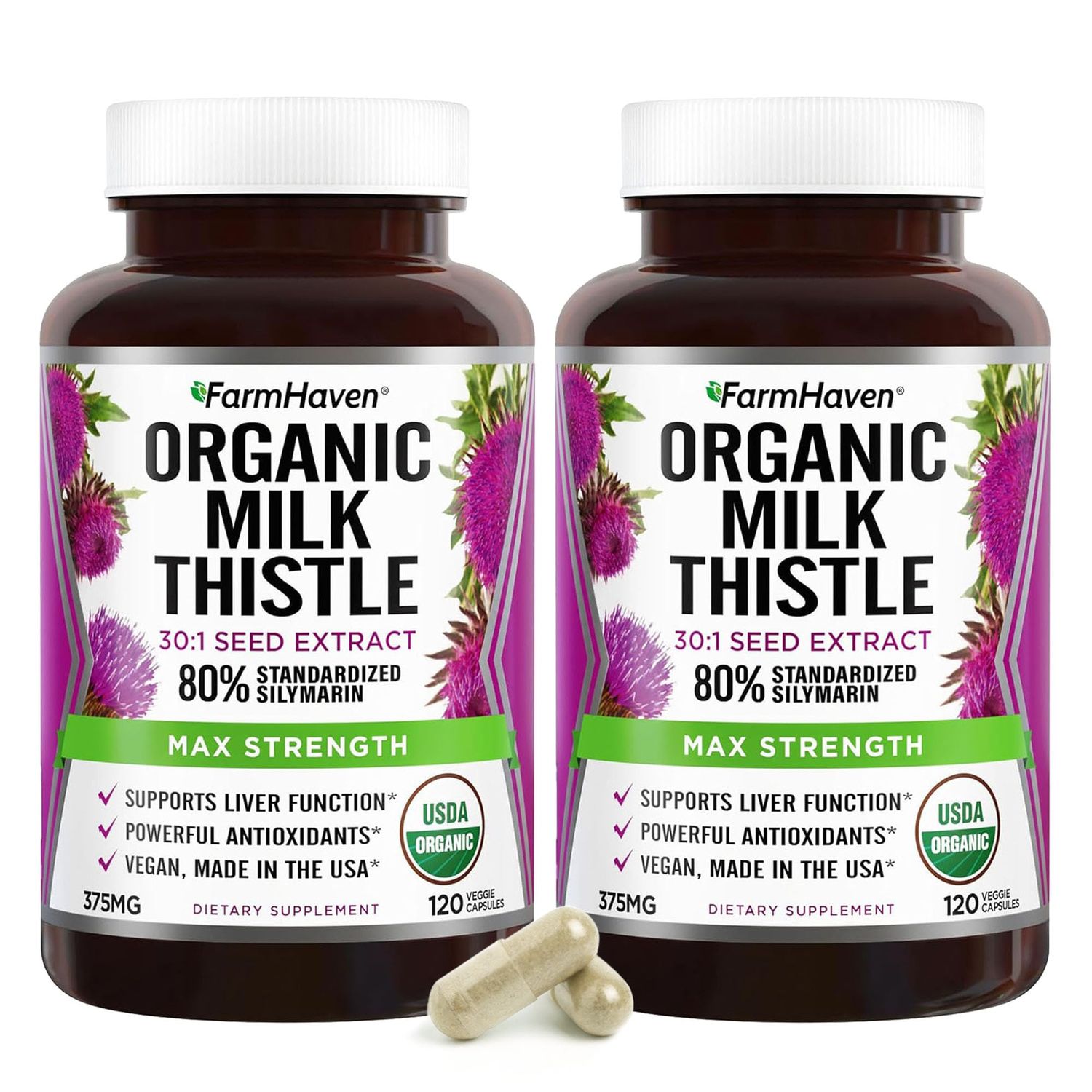 FarmHaven Silymarin Milk Thistle Capsules 375mg Strength 30X Concentrated Seed Extract &amp; 80 Standardized Silymarin Non-GMO 120 Veggie Capsules, Pack 2