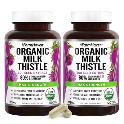 FarmHaven Silymarin Milk Thistle Capsules 375mg Strength 30X Concentrated Seed Extract &amp; 80 Standardized Silymarin Non-GMO 120 Veggie Capsules, Pack 2