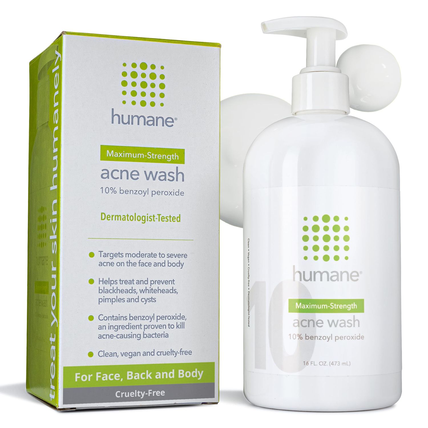 humane Benzoyl Peroxide Acne Body Wash - 10 Maximum-Strength Acne Treatment for Face, Skin, Butt, Back and Body - 16 Fl Oz - Dermatologist-Tested Non-Foaming Cleanser - Vegan, Cruelty-Free